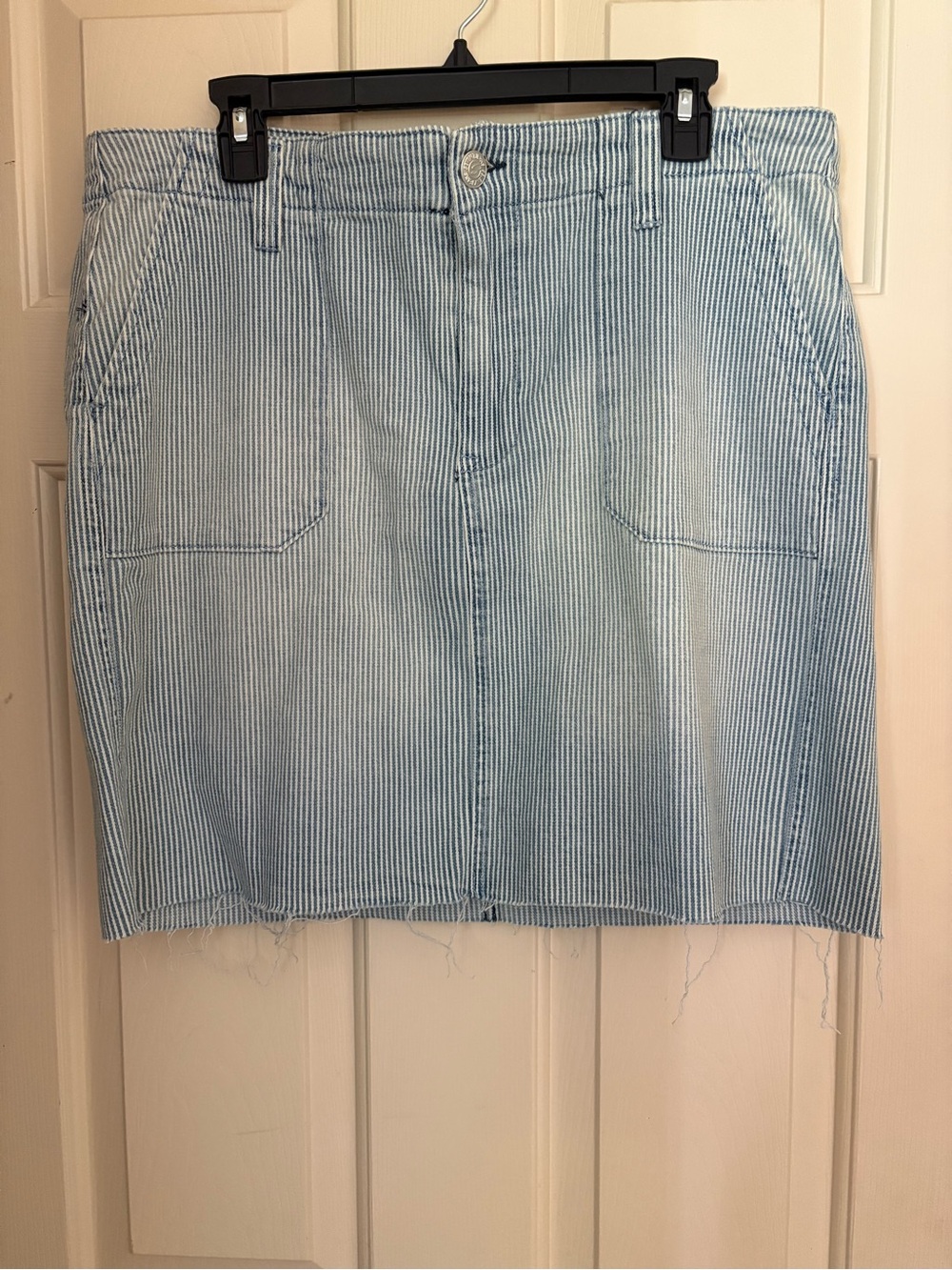 Seven Size 12 Light Blue Striped Denim Mini Utility Skirt